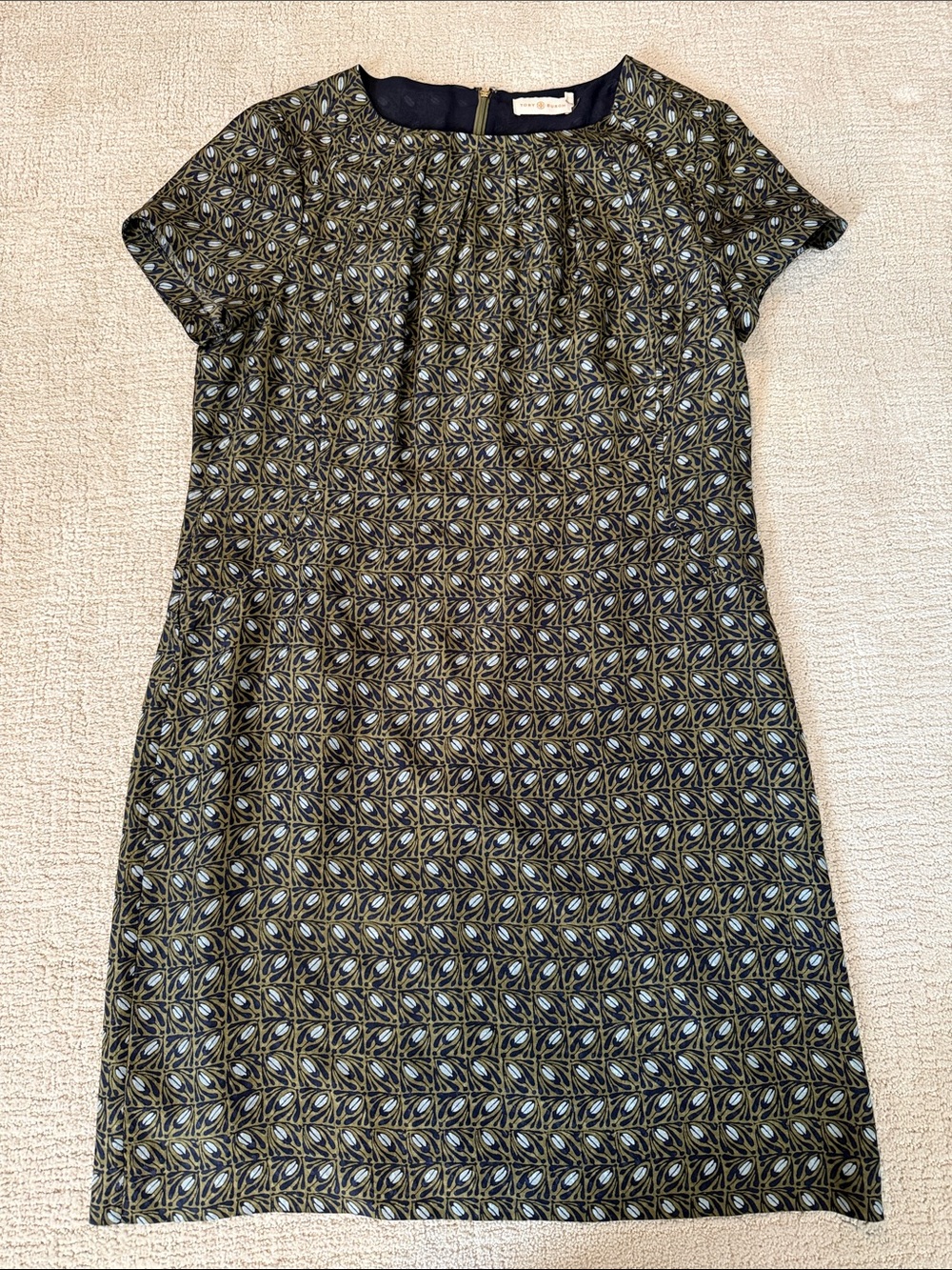 Tory Burch Olive and Navy Printed Short-Sleeve Midi Dress